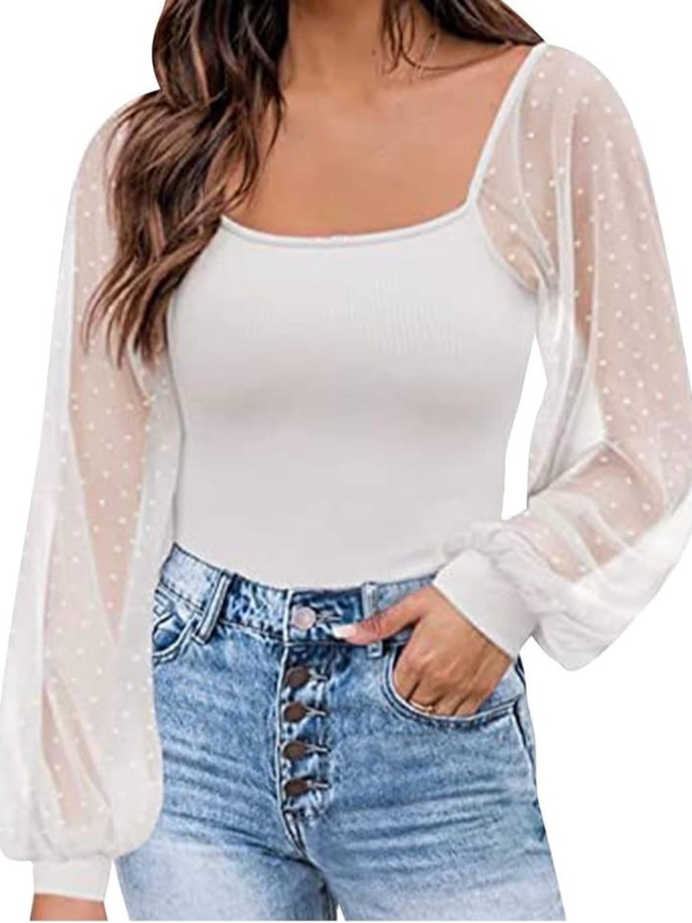 White Swiss Dot Mesh Sleeve Square Neck Top - Women